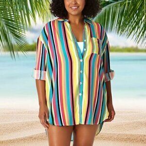 Anne Cole Plus Size Boyfriend Button-Down Shirt Cover-up